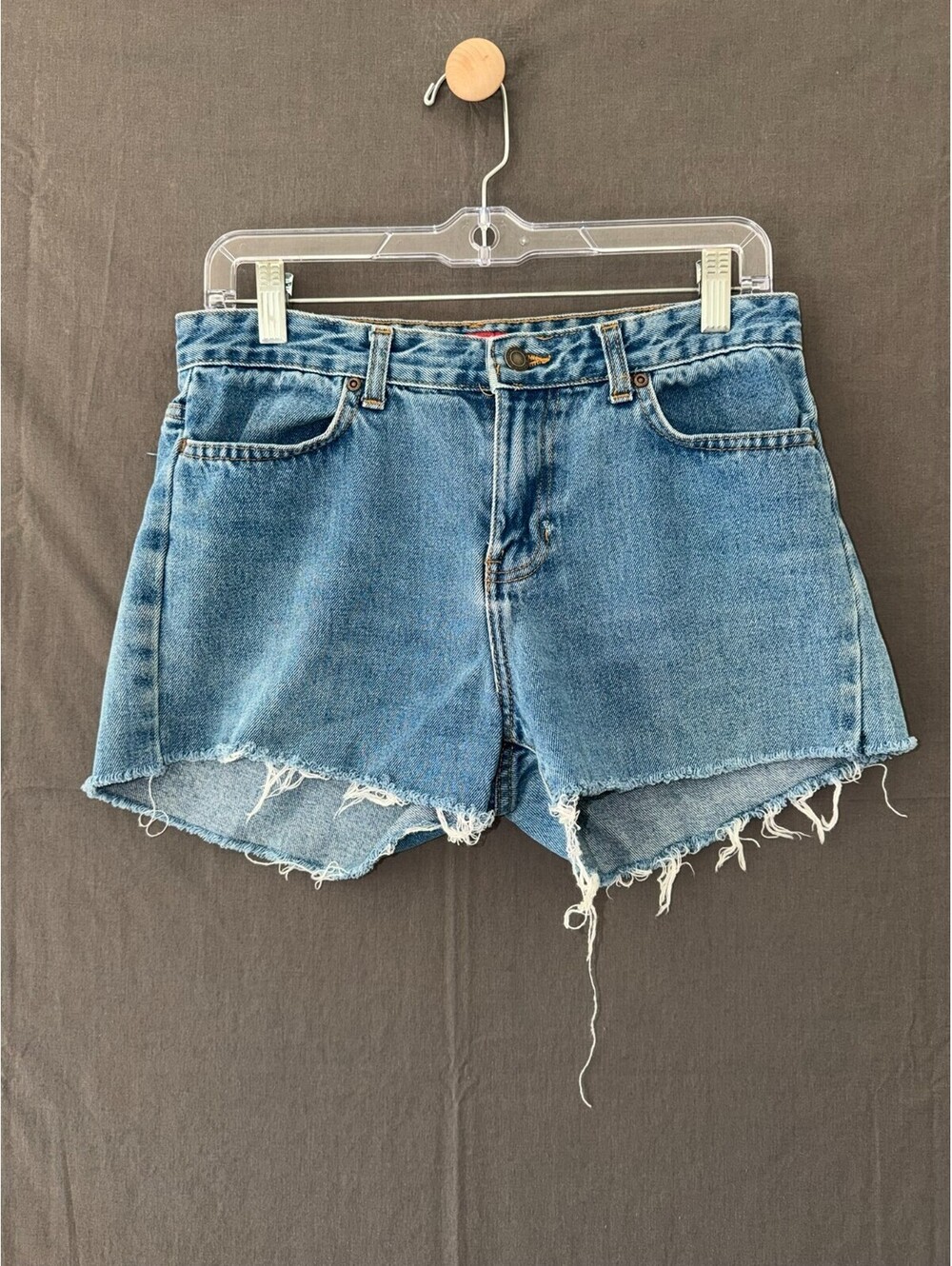 Faded Glory Misses Denim Shorts Cut Off Size 8 High Rise Frayed Hem Medium Wash